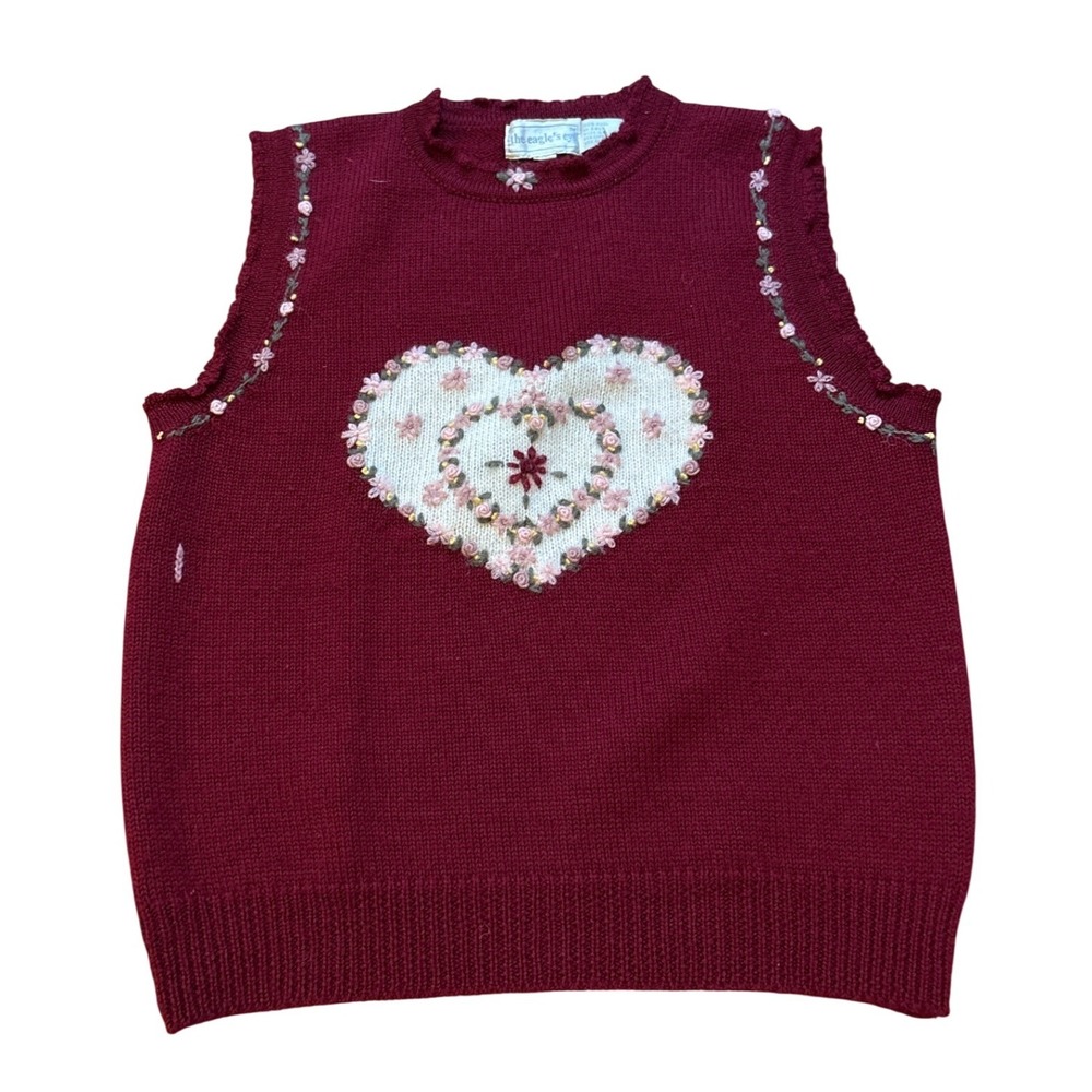 The Eagle's Eye Sweater Vest Women Burgundy Good Floral Heart Wool SIZE M